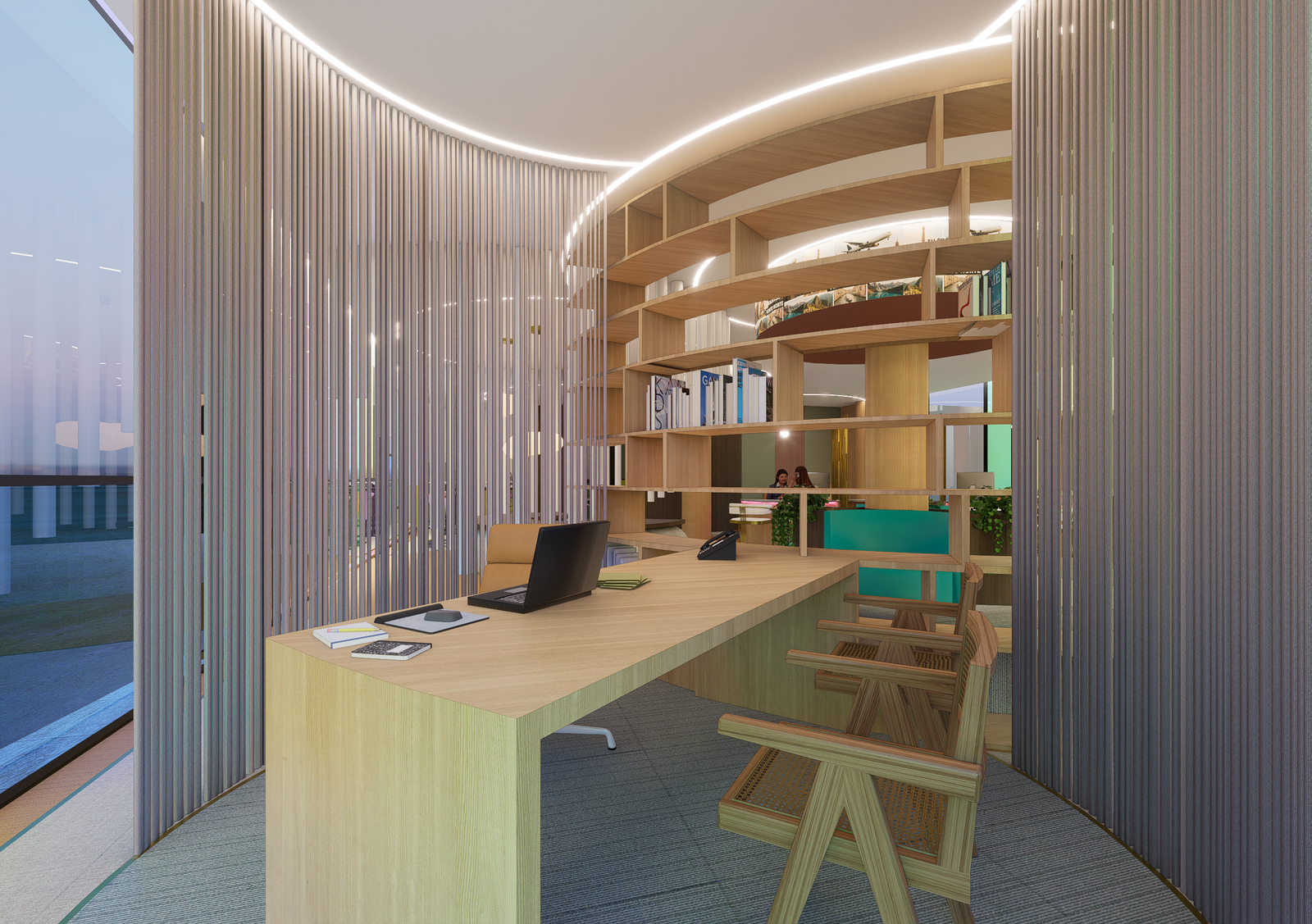 Zona de trabajo con estantería de madera curva