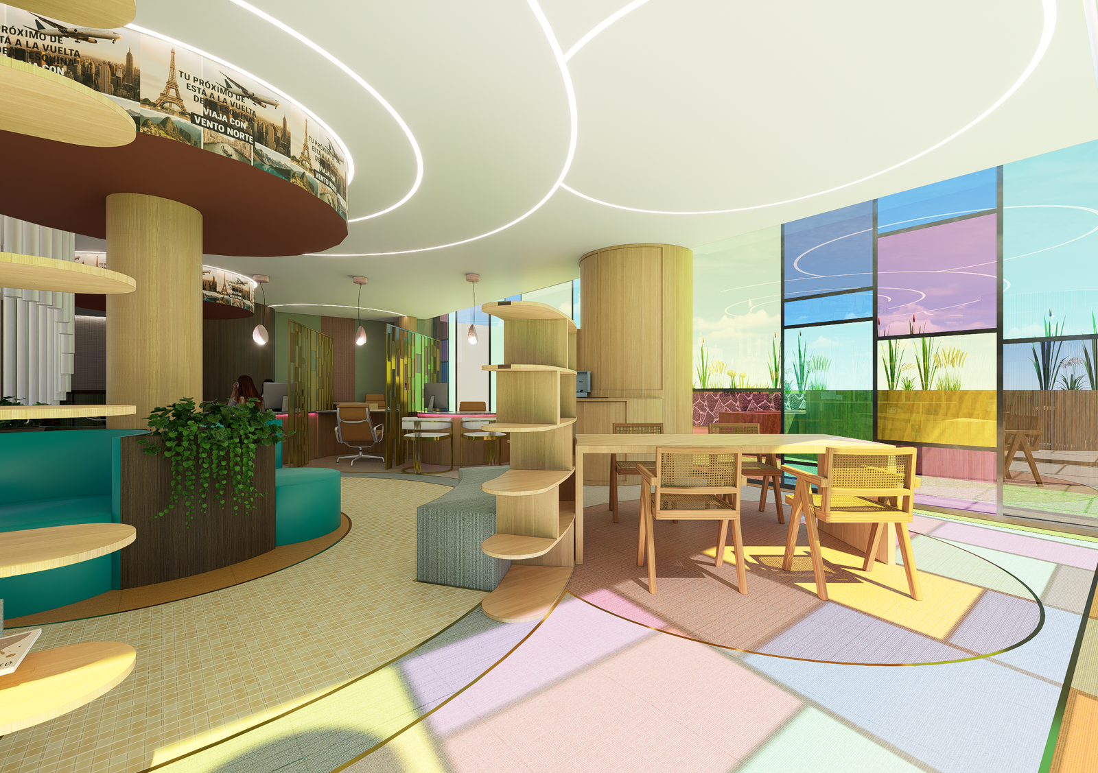 Vista panorámica de oficina con diseño orgánico