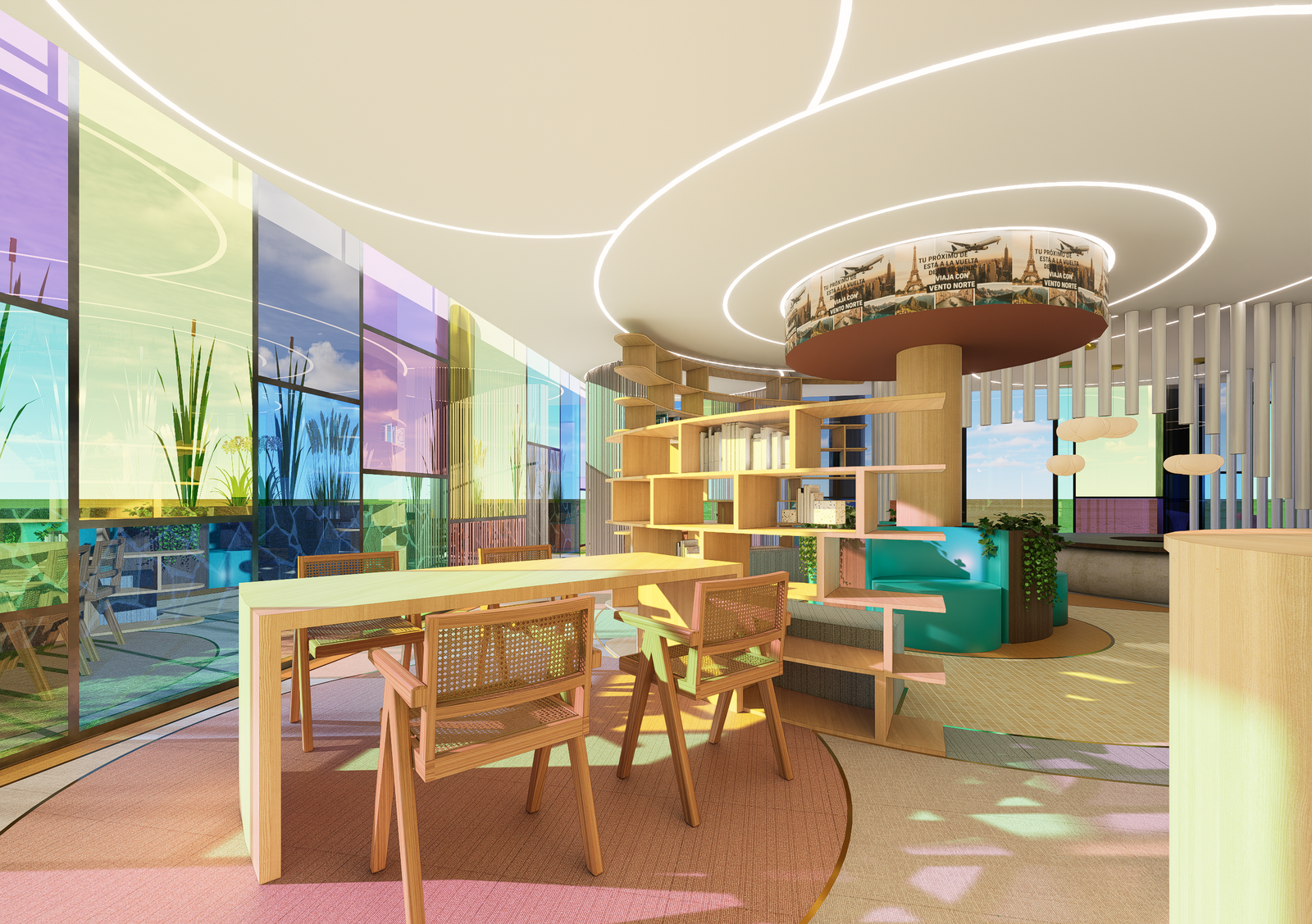 Diseño de interior moderno con vidrieras de colores